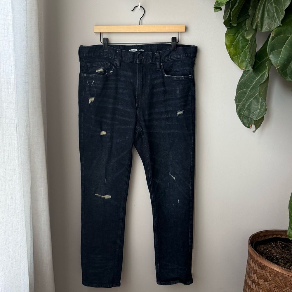 Old Navy Men’s Slim Built in Flex Dark Blue Denim Distressed Jeans